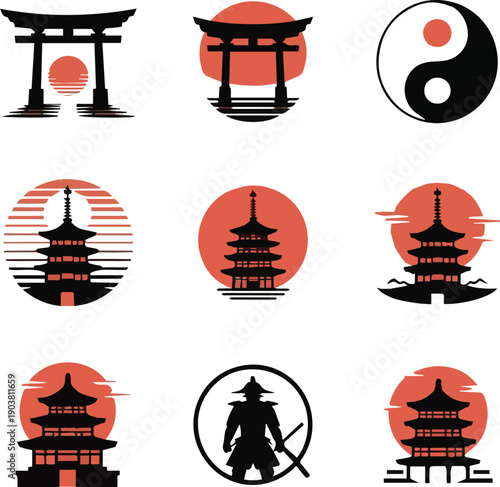 Nine Japanese cultural symbols with red and black color scheme on white background culture torii des