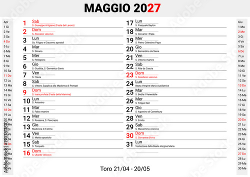 May 2027 Italian Saints Calendar, Minimalist Botanical Monthly Planner, Catholic Feast Days and Mother's Day