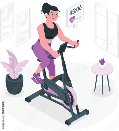 Energetic woman exercising on indoor stationary bike with digital timer