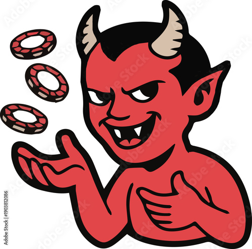 Red devil character throwing red rings with holes in the center cartoon horns