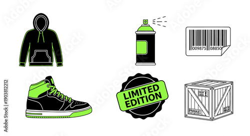 A collection of illustrations featuring a hoodie, shoe, spray can, barcode, limited edition badge, and crate, symbolizing urban fashion and exclusive products.