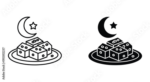 Dice Stacked on Plate with Crescent Moon and Star Symbol