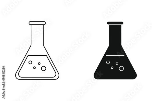 Laboratory Erlenmeyer Flasks with Bubbles Outline and Solid Vector Illustration