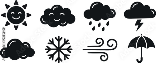 Collection of eight stylized weather icons including a smiling sun and various cloud formations with rain lightning snowflake wind and umbrella symbols