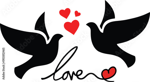 Romantic vector illustration of two doves with hearts and love text