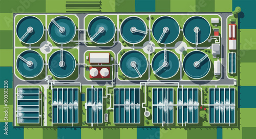 Overhead view of a modern urban wastewater treatment plant with various structures and equipment for water processing.