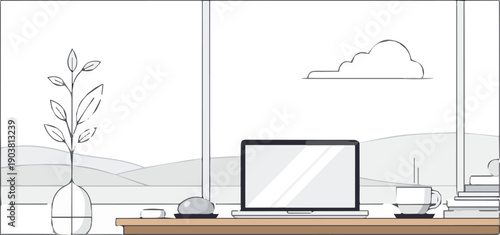 Modern workspace with computer and plant on desk near window with scenic landscape view