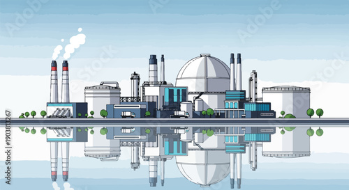 An urban wastewater treatment plant with a modern industrial design reflected in a body of water, conveying a sense of a clean and efficient facility.