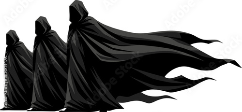 Three hooded cloaked figures, flowing black fabric with angular folds, surreal fantasy illustration, ominous atmosphere, mysterious faceless design, eerie gothic concept art