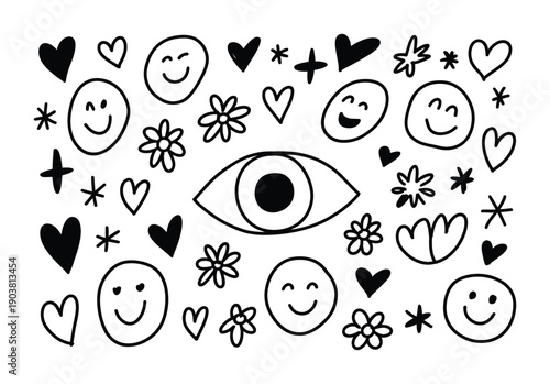 Whimsical vector illustration featuring hearts, flowers, and happy faces