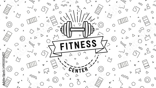 Fitness center emblem surrounded by various sports equipment icons, a dumbbell on a ribbon banner, illustration style, centered composition, detailed graphics, white background