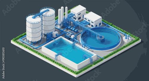 Isometric view of a modern urban wastewater treatment plant with various industrial facilities and blue water processing systems
