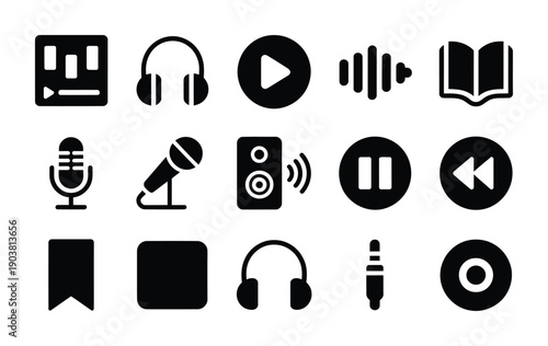 Set of black vector icons related to audio and music equipment
