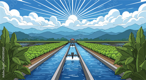 A colorful illustration of a modern urban wastewater treatment plant with a waterway and green plant rows under a sunny sky with mountains.