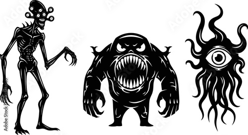 Three monstrous fantasy creatures, skeletal alien figure, muscular beast with sharp teeth, surreal tentacled horror design, grotesque illustration, dark mysterious concept art