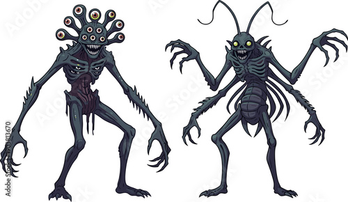 Fotografie Two monstrous humanoid creatures, grotesque alien designs with multiple eyes and