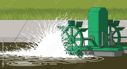 An illustration of a green wastewater treatment machine operating in a modern urban setting with a large water splash.