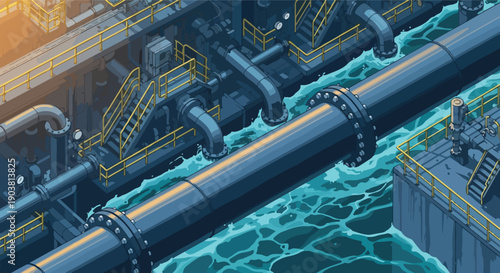 An industrial wastewater treatment plant with a complex network of pipes and structures in a modern urban setting.
