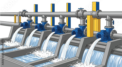 An industrial wastewater treatment plant with modern urban infrastructure, featuring a series of valves and pipes distributing water into separate sections.