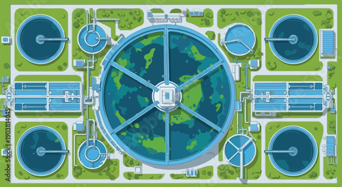 An aerial view of a modern urban wastewater treatment plant with various structures and green spaces