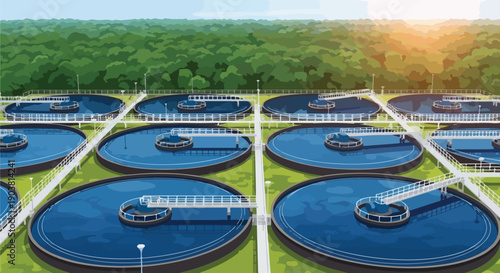 Aerial view of a modern urban wastewater treatment plant with multiple round sedimentation tanks surrounded by greenery and a forest in the background.
