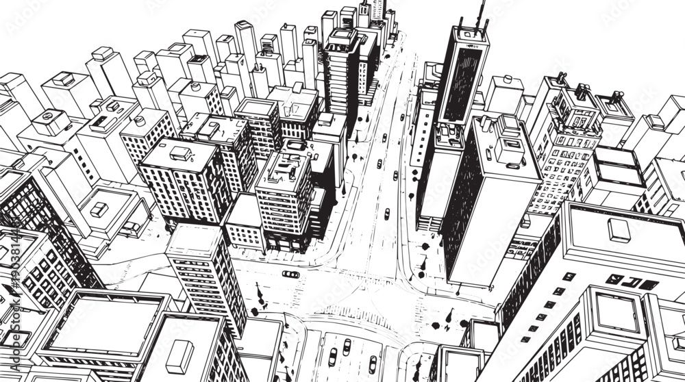 Obraz premium City landscape. Different buildings on street, outline cityscape hand sketch, flat houses. Hand drawn vector illustration