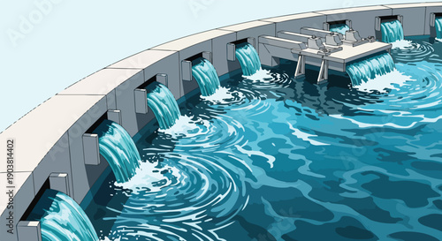 Illustration of a swimming pool with water jets and ripples in shades of blue, conveying a sense of Ramadan Kareem celebration in a modern setting.