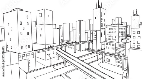 City landscape. Different buildings on street, outline cityscape hand sketch, flat houses. Hand drawn vector illustration
