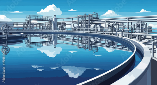 Aerial view of a modern urban wastewater treatment plant with a large circular water storage area and industrial piping under a blue sky with clouds.