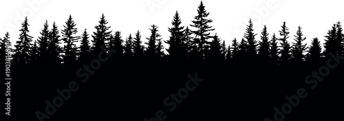 Minimalist black pine forest and solitary tree silhouette, mountain landscape nature illustration, coniferous wood scenery for wilderness outdoor travel design concept.