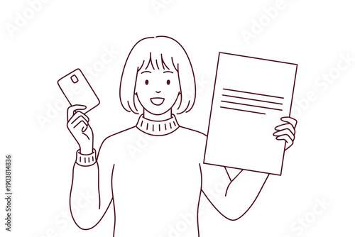Black and white outline of a smiling female bank employee holding a credit card and a paper document. Educational coloring page about professions, banking, finance, and office work.