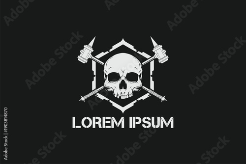 Human skull with Rough cross post-apocalyptic mallet style shield badge vector image template