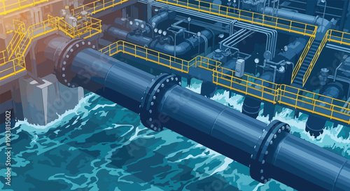 An industrial wastewater treatment plant with a large pipe discharging water into a body of water in a modern urban setting.