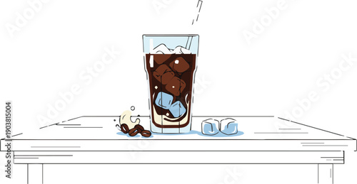 An illustration of a glass filled with ice-cold soda on a table, viewed from the side
