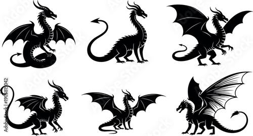 Set of black dragon silhouettes with wings, mythical creature icons for fantasy game design, medieval monster vector clip art collection.