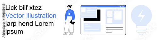 Business processes, digital education, online tools, workflow management, teamwork dynamics, technology solutions. A person next to a web interface and a light bulb graphic. Business processes