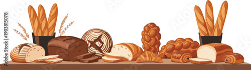 Assortment of bread and pastries displayed on a wooden table from a high viewpoint