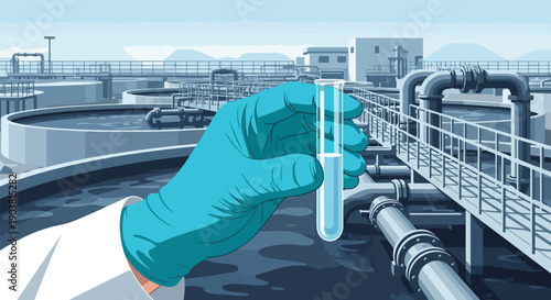 A gloved hand holds a test tube of water against a background of a modern urban wastewater treatment plant with industrial equipment and pipes.