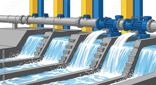An urban wastewater treatment plant with water flowing through modern industrial pipes and valves in a contemporary setting.