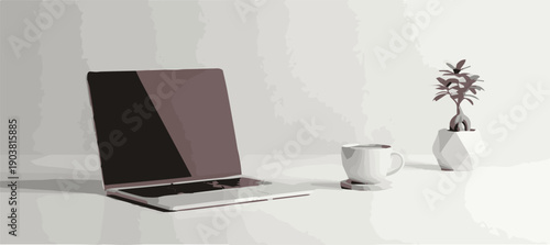 A laptop and coffee cup sit on a minimalist white table beside a vase with a small plant in a serene indoor setting viewed from the side.