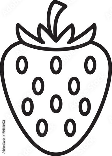 Simple outline of a strawberry with seeds and leaf on a plain background