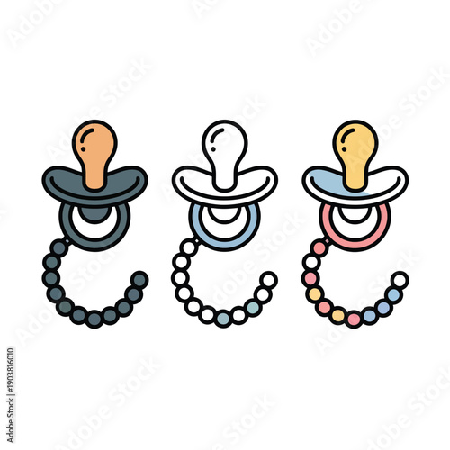 Three colorful pacifiers with beaded clips are displayed on a white background.