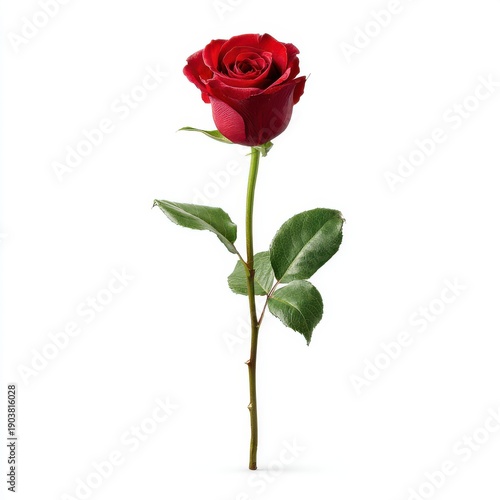 Single Red Rose Flower with Green Leaves and Thorns Isolated on White Background