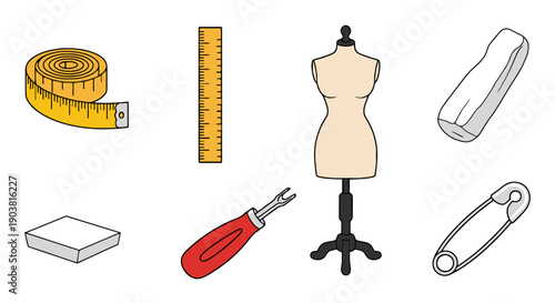 Fashion design elements including mannequin, measuring tape, and sewing tools arranged neatly for clothing creation and alteration from a straightforward viewpoint