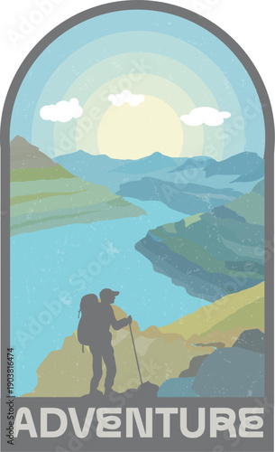 Outdoor Adventure Scene with Mountains and River, mongram, vintage logo, illustration, hand-drawn vector illustration