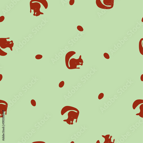 Seamless pattern red silhouette of squirrel with nuts on green, vector eps 10
