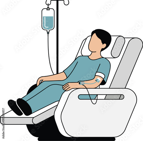 Patient receiving intravenous therapy while reclining in a hospital chair vector on white background.