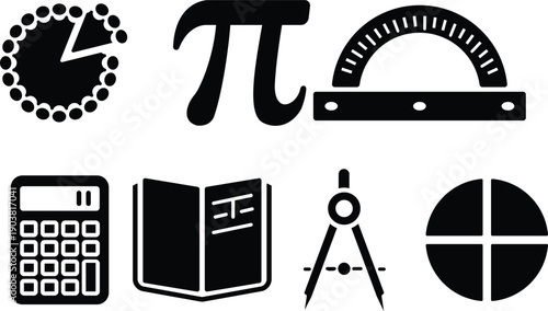 Mathematics and geometry educational icons set vector illustration including calculator protractor compass pi symbol book and chart for school student academic lesson tools