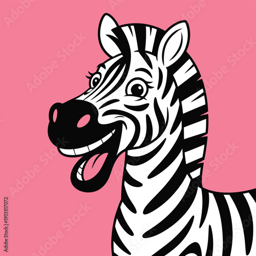 A happy cartoon zebra with black and white stripes smiles on a pink background.