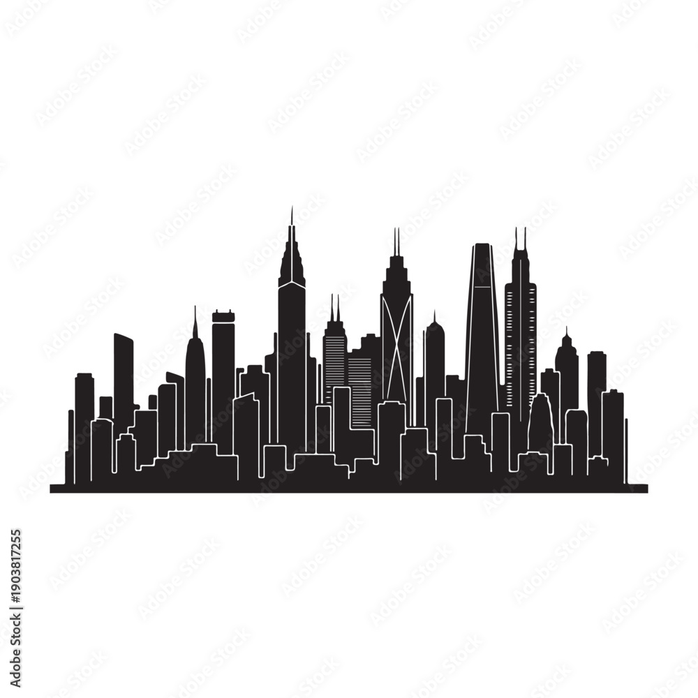 Fototapeta premium Black city skyline silhouette vector illustration, urban landscape, cityscape for website or presentation background isolated on Transparent Background